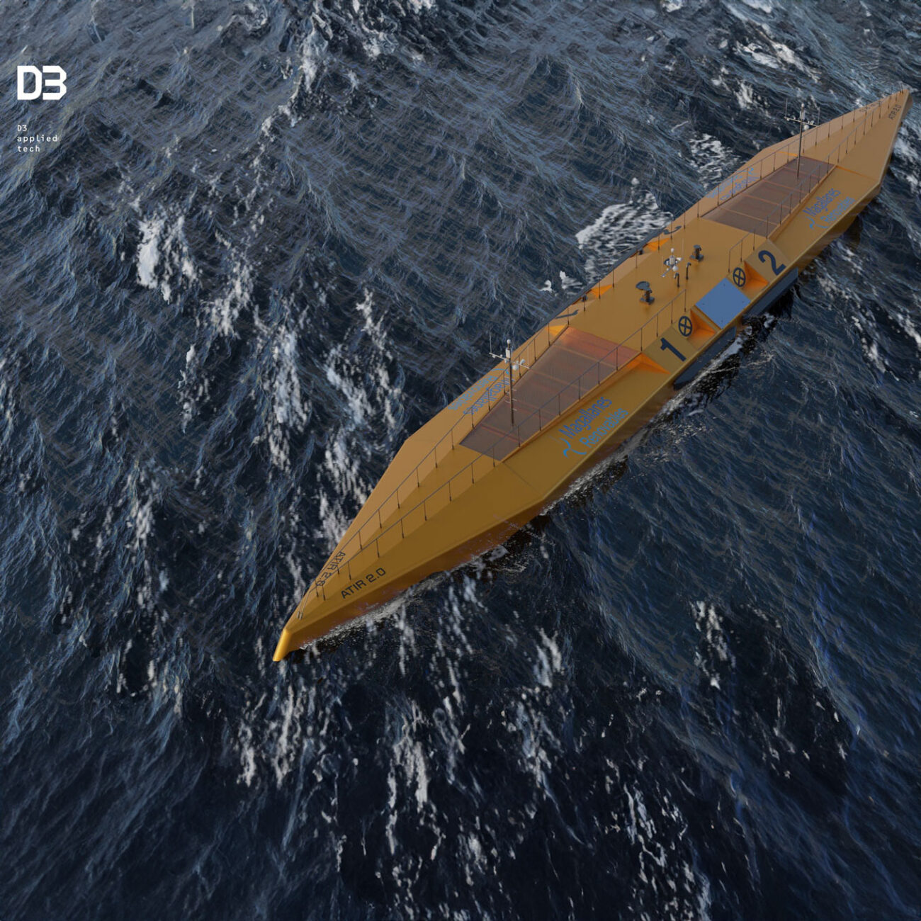 ambitious tidal energy project - Specialist vessel ATIR 2 is yellow in colour, shown at sea from the air